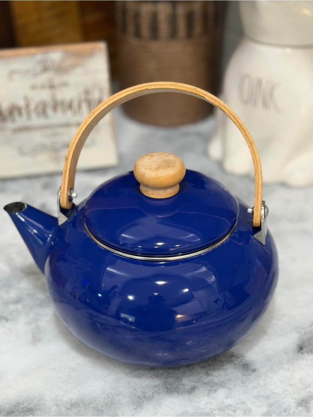 Cobalt Blue Enamel Tea Kettle with Wooden Handle & Lid